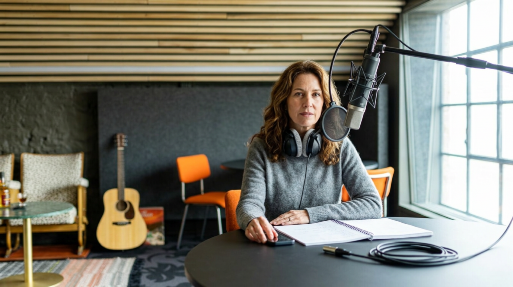 Podcastmicrofoon in een lege opnamestudio